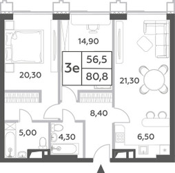 Планировка трехкомнатной(квартира) площадью 80.8 квадратных метров в ЖК “ЖК Will Towers (Вилл Тауэрс)”