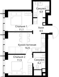 Планировка двухкомнатной(квартира) площадью 53.1 квадратных метров в ЖК “ЖК Сити Бэй”