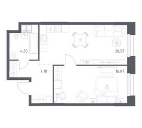 Планировка однокомнатной(апартаменты) площадью 48.65 квадратных метров в ЖК “ЖК Апарт-отель Тропарево парк”