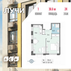 Планировка однокомнатной(квартира) площадью 36.4 квадратных метров в ЖК “ЖК Лучи”