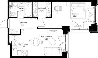 Планировка однокомнатной(квартира) площадью 49.23 квадратных метров в “ЖК Сити Бэй”