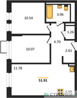Планировка двухкомнатной(квартира) площадью 51.91 квадратных метров в “ЖК Егорово Парк”