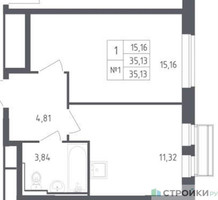 Планировка однокомнатной(квартира) площадью 35.13 квадратных метров в “ЖК Рублевский Квартал”