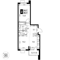 Планировка двухкомнатной(квартира) площадью 49.7 квадратных метров в “ЖК 1-й Шереметьевский (Первый Шереметьевский)”