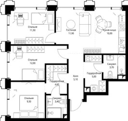 Планировка трехкомнатной(квартира) площадью 76.9 квадратных метров в ЖК “ЖК СЕТ”