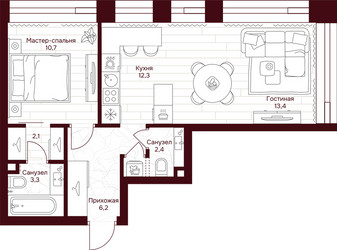Планировка однокомнатной(квартира) площадью 50.4 квадратных метров в ЖК “ЖК Дом 7 Даниловский”