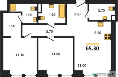Планировка двухкомнатной(квартира) площадью 65.3 квадратных метров в ЖК “ЖК Мангазея на Тульской”