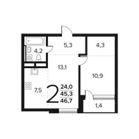 Планировка двухкомнатной(квартира) площадью 46.7 квадратных метров в “Новые Ватутинки. Заречный”
