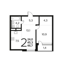 Планировка двухкомнатной(квартира) площадью 46.7 квадратных метров в ЖК “Новые Ватутинки. Заречный”