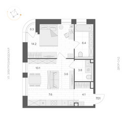 Планировка однокомнатной(квартира) площадью 49.95 квадратных метров в ЖК “ЖК АРТЕЛЬ”