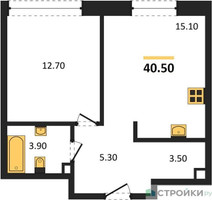 Планировка однокомнатной(квартира) площадью 40.5 квадратных метров в “ЖК Shagal (Шагал)”