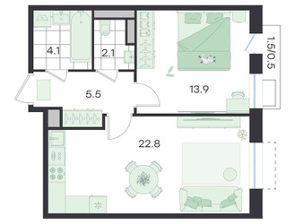 Планировка двухкомнатной(квартира) площадью 48.9 квадратных метров в ЖК “ЖК G3 Театральный”