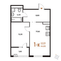 Планировка однокомнатной(квартира) площадью 44.6 квадратных метров в “ЖК Новое Летово”
