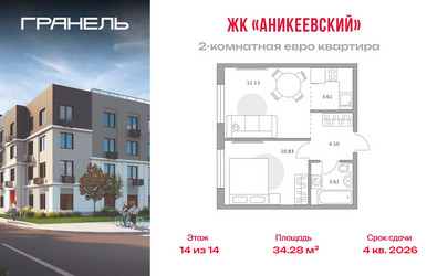 Планировка двухкомнатной(квартира) площадью 34.28 квадратных метров в ЖК “ЖК Аникеевский”