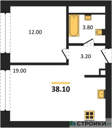 Планировка однокомнатной(квартира) площадью 38.1 квадратных метров в ЖК “ЖК Архитектурный проект RAKURS (Ракурс)”