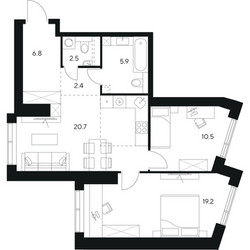 Планировка двухкомнатной(квартира) площадью 68 квадратных метров в ЖК “ЖК Нексус от Аквилон”