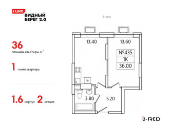 Планировка однокомнатной(квартира) площадью 36 квадратных метров в ЖК “ЖК Видный берег 2”