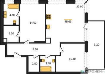 Планировка двухкомнатной(квартира) площадью 75 квадратных метров в ЖК “ЖК Portland (Портланд)”