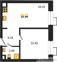 Планировка однокомнатной(апартаменты) площадью 35.94 квадратных метров в “ЖК N’ICE LOFT (Найс Лофт)”