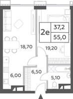 Планировка двухкомнатной(квартира) площадью 55.5 квадратных метров в “ЖК Will Towers (Вилл Тауэрс)”