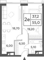 Планировка двухкомнатной(квартира) площадью 55.5 квадратных метров в ЖК “ЖК Will Towers (Вилл Тауэрс)”