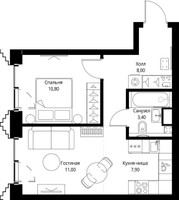 Планировка однокомнатной(квартира) площадью 41.5 квадратных метров в “ЖК СЕТ”