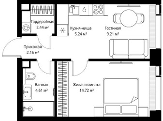 Планировка однокомнатной(квартира) площадью 38.38 квадратных метров в ЖК “ЖК Веер”