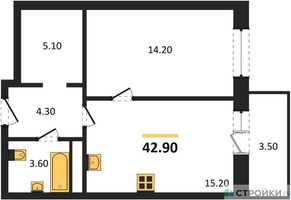Планировка однокомнатной(квартира) площадью 42.9 квадратных метров в “ЖК Одинцовские кварталы”