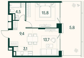 Планировка однокомнатной(квартира) площадью 52.3 квадратных метров в “ЖК Клубный город на реке Primavera (Примавера)”