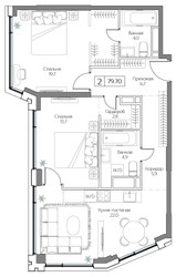 Планировка двухкомнатной(квартира) площадью 79 квадратных метров в ЖК “ЖК Дрим Рива”
