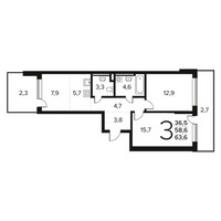 Планировка трехкомнатной(квартира) площадью 63.6 квадратных метров в “Новые Ватутинки. Заречный”