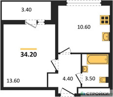 Планировка однокомнатной(квартира) площадью 34.2 квадратных метров в “ЖК ЮЖНАЯ БИТЦА”