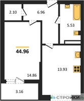 Планировка однокомнатной(квартира) площадью 44.96 квадратных метров в “ЖК Riga Hills (Рига Хиллс)”