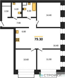Планировка трехкомнатной(квартира) площадью 79.3 квадратных метров в ЖК “ЖК Вестердам”