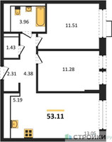 Планировка двухкомнатной(квартира) площадью 53.11 квадратных метров в “ЖК Квартал Авиаторов”