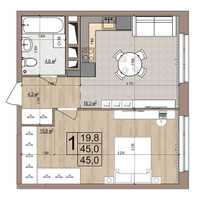 Планировка однокомнатной(квартира) площадью 45 квадратных метров в “ЖК Гранд Комфорт”