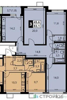 Планировка трехкомнатной(квартира) площадью 83.1 квадратных метров в “ЖК 1-й Южный (Первый Южный)”