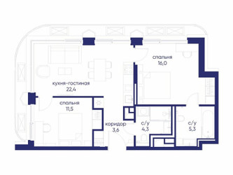 Планировка двухкомнатной(квартира) площадью 63.12 квадратных метров в ЖК “ЖК Остров”