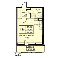Планировка однокомнатной(апартаменты) площадью 29.9 квадратных метров в “ЖК Кашинцево”