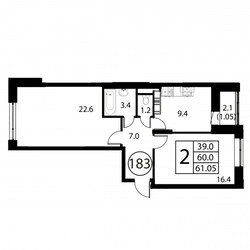 Планировка двухкомнатной(квартира) площадью 61 квадратных метров в ЖК “ЖК Космос”