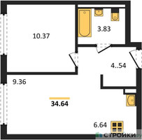 Планировка однокомнатной(квартира) площадью 34.64 квадратных метров в “ЖК Остафьево”