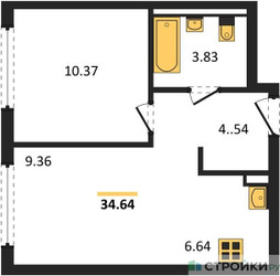 Планировка однокомнатной(квартира) площадью 34.64 квадратных метров в ЖК “ЖК Остафьево”