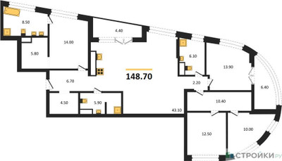 Планировка 4+ комнатной(квартира) площадью 148.7 квадратных метров в ЖК “ЖК Остров”