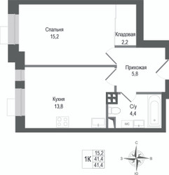 Планировка однокомнатной(квартира) площадью 41.4 квадратных метров в ЖК “ЖК КИНОКВАРТАЛ”