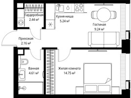 Планировка однокомнатной(квартира) площадью 38.44 квадратных метров в “ЖК Веер”