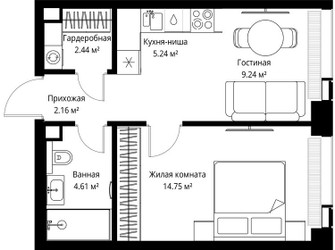 Планировка однокомнатной(квартира) площадью 38.44 квадратных метров в ЖК “ЖК Веер”