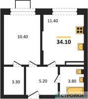Планировка однокомнатной(квартира) площадью 34.1 квадратных метров в “ЖК Видный берег 2”