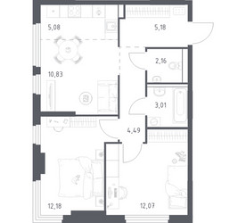 Планировка двухкомнатной(квартира) площадью 55 квадратных метров в ЖК “ЖК Пригород Лесное”