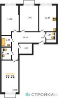 Планировка трехкомнатной(квартира) площадью 77.72 квадратных метров в “ЖК Пригород Лесное”