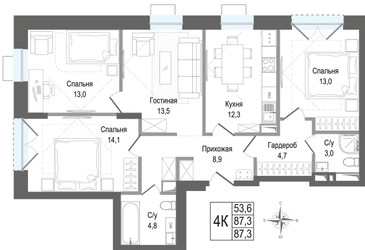 Планировка 4+ комнатной(квартира) площадью 87.3 квадратных метров в ЖК “ЖК КИНОКВАРТАЛ”